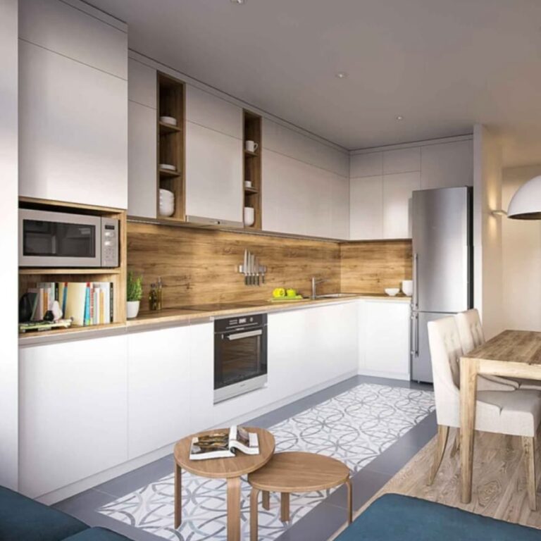 Угловая кухня в Киеве на заказ в современном стиле, белого цвета с деревянными акцентами