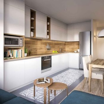 Угловая кухня в Киеве на заказ в современном стиле, белого цвета с деревянными акцентами